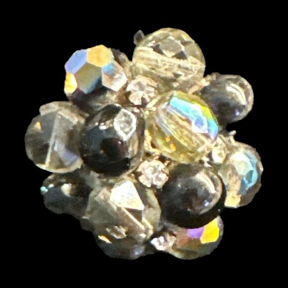 Large Vintage AB black crystal rhinestone cluster clip earrings by Vogue - Picture 8 of 15